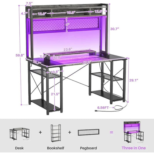 SHOWLU FASHION STORE 2024 Upgrade Gaming Desk with Hutch, 48'' Magic Computer Desk with LED and Outlets, Reversible Workstation Desk with Pegboard