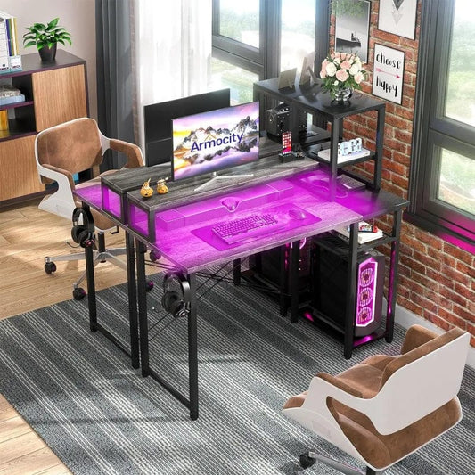 SHOWLU FASHION STORE 2024 Upgrade Gaming Desk with LED Lights, Small Computer Desk with Long Monitor Stand, 40'' Reversible Laptop Table with Storage