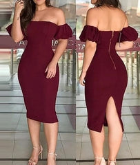 SHOWLU FASHION STORE 2024 Women's Dress Sexy Wrapped Hip Skirt Wine Red One Shoulder Bubble Sleeve Zipper Back Split Tight Dress