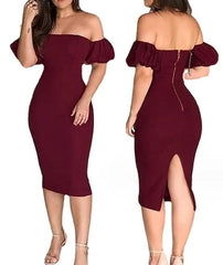 SHOWLU FASHION STORE 2024 Women's Dress Sexy Wrapped Hip Skirt Wine Red One Shoulder Bubble Sleeve Zipper Back Split Tight Dress