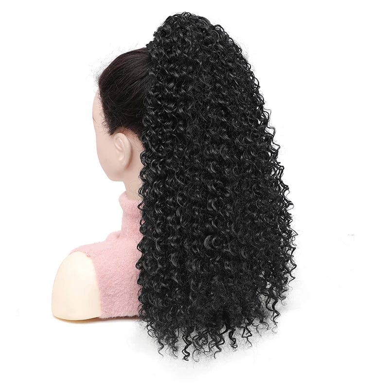 Kinky curly 20-inch synthetic drawstring ponytail extension with fluffy afro puff style, ideal for women’s curly hair looks.