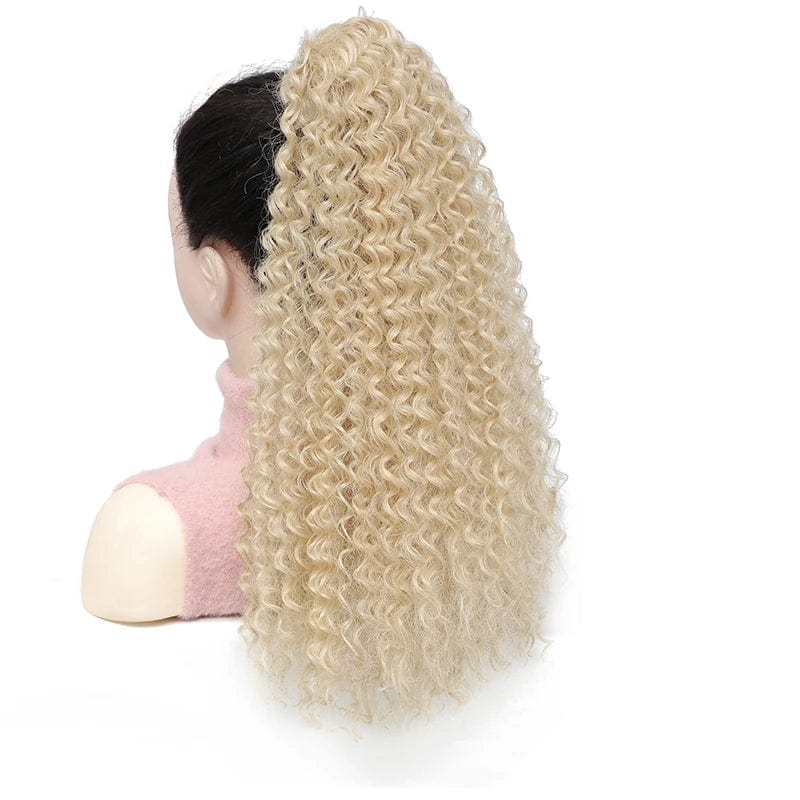Showlu Kinky Curly Drawstring Ponytail extension in 20 inches of synthetic, curly, fluffy hair for women, featuring a secure drawstring.