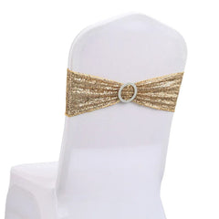 Showlu Fashion Store 20pcs Stretchy Sequin Chair Sashes Sparkly Gold Sash Band for Banquet Wedding Party Home Outdoor Chair Cover Sash Decorations