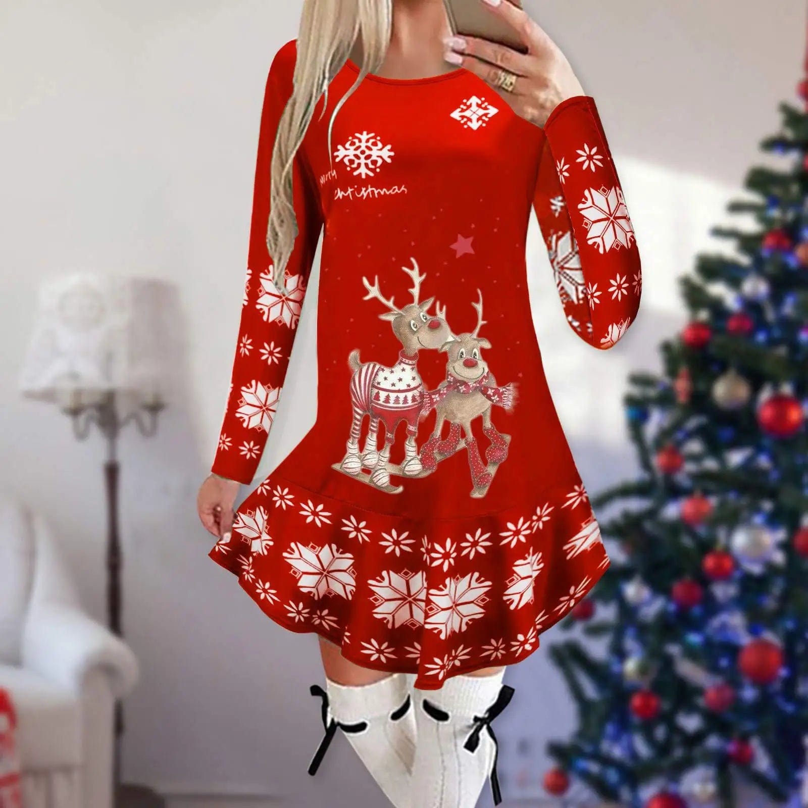 Showlu Fashion Store 21 / M Christmas Dresses for Women Elk Print Long Sleeve Mini Dress Autumn Winter Fashion Ladies Holiday Mini Dresses New Year 2024