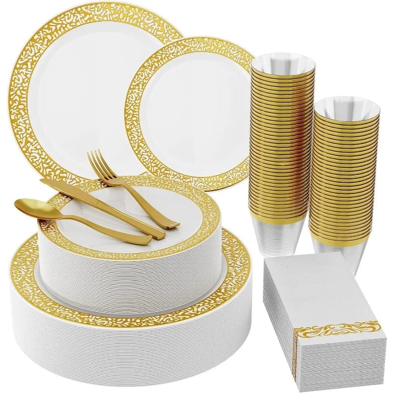 Showlu Fashion Store 210 Count Plastic Dinnerware Disposable Plates Dinner Plates  Dessert Plates &  Cups & Paper Napkins & Plastic Silverware Set