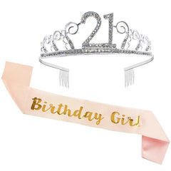  Showlu Fashion Store 21th girl sash Gold Silver Glitter Birthday Sash Rhinestone Tiara 18th Crystal Crown Birthday Queen Satin Ribbon Sash For Birthday Party Decor