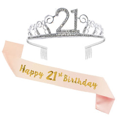  Showlu Fashion Store 21th Gold Silver Glitter Birthday Sash Rhinestone Tiara 18th Crystal Crown Birthday Queen Satin Ribbon Sash For Birthday Party Decor