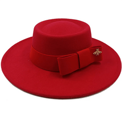 Showlu Fashion Store 22 / 56-58cm / China Bow Tie Fedora Hat Winter Round Bumpy Surface Flat Top Bow Tie Elastic Band Men's and Women's Red Jazz Hat Fedora