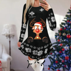 Showlu Fashion Store 22 / XL Christmas Dresses for Women Elk Print Long Sleeve Mini Dress Autumn Winter Fashion Ladies Holiday Mini Dresses New Year 2024