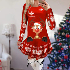 Showlu Fashion Store 24 / M Christmas Dresses for Women Elk Print Long Sleeve Mini Dress Autumn Winter Fashion Ladies Holiday Mini Dresses New Year 2024