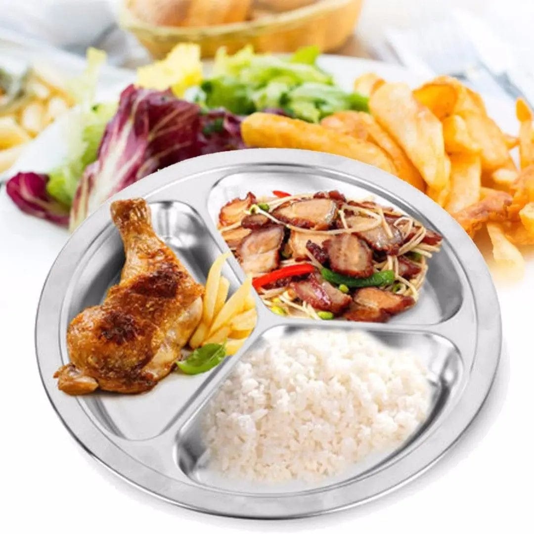  Showlu Fashion Store 24cm / CHINA Stainless Steel Dinner Plate 3 Sections Round Divided Dish Children Fruit Snack Tray Baby Bowls Kitchen Tableware Dia 22/24/26cm