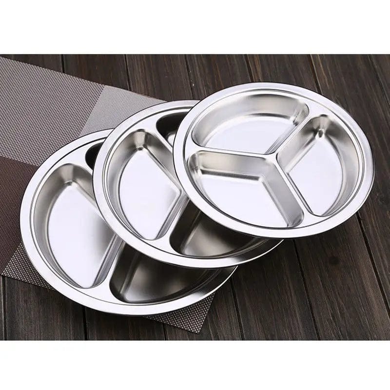  Showlu Fashion Store 24cm / CHINA Stainless Steel Dinner Plate 3 Sections Round Divided Dish Children Fruit Snack Tray Baby Bowls Kitchen Tableware Dia 22/24/26cm