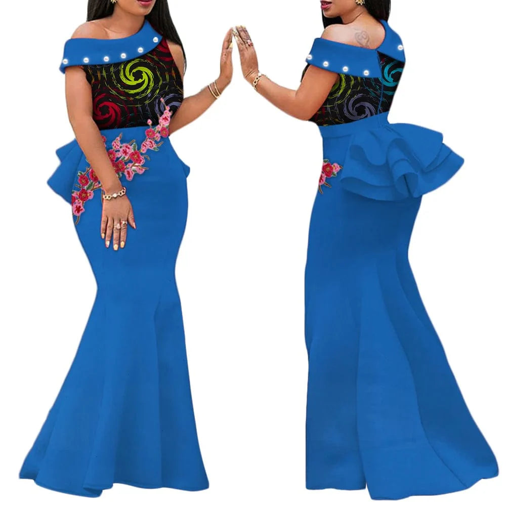 African print long dress by SHOWLU FASHION STORE featuring cotton applique, draped design, perfect for parties and traditional events.
