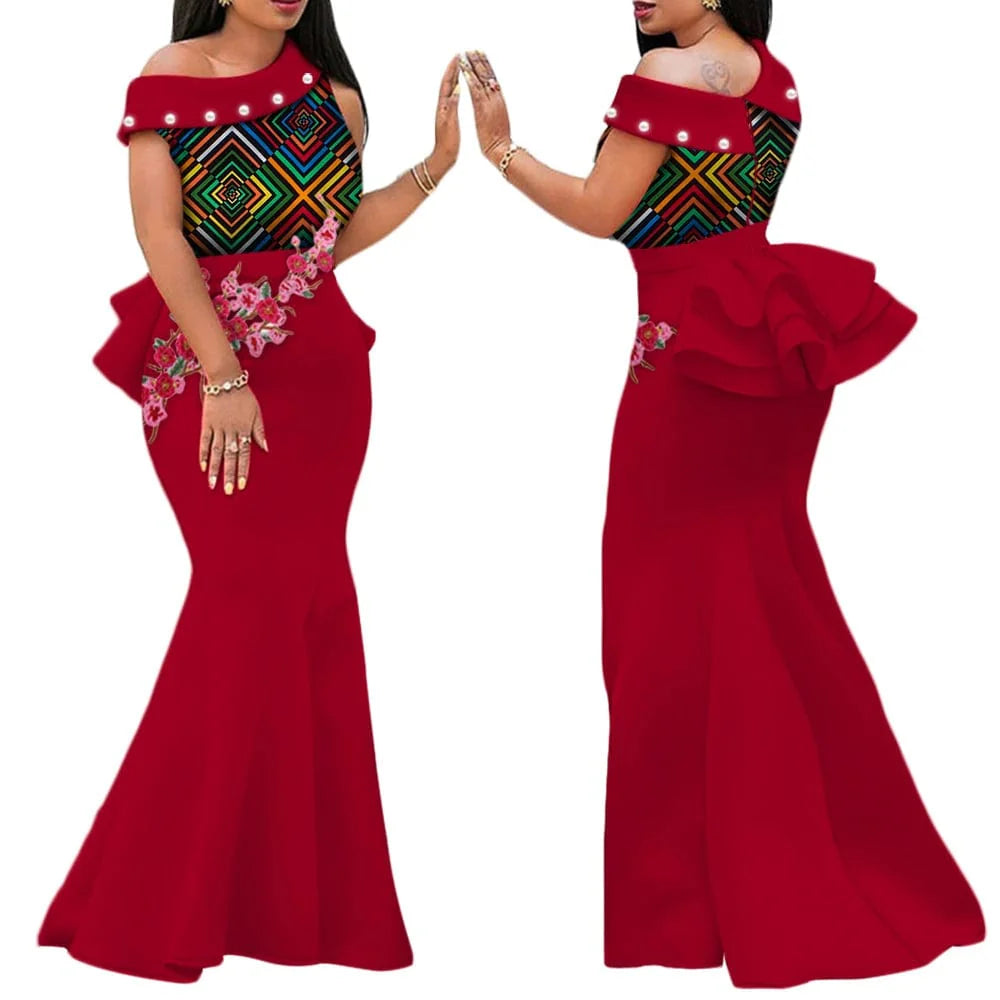 SHOWLU FASHION STORE BintaRealWax African Print Long Dress with cotton applique, draped design, suitable for parties and traditional events