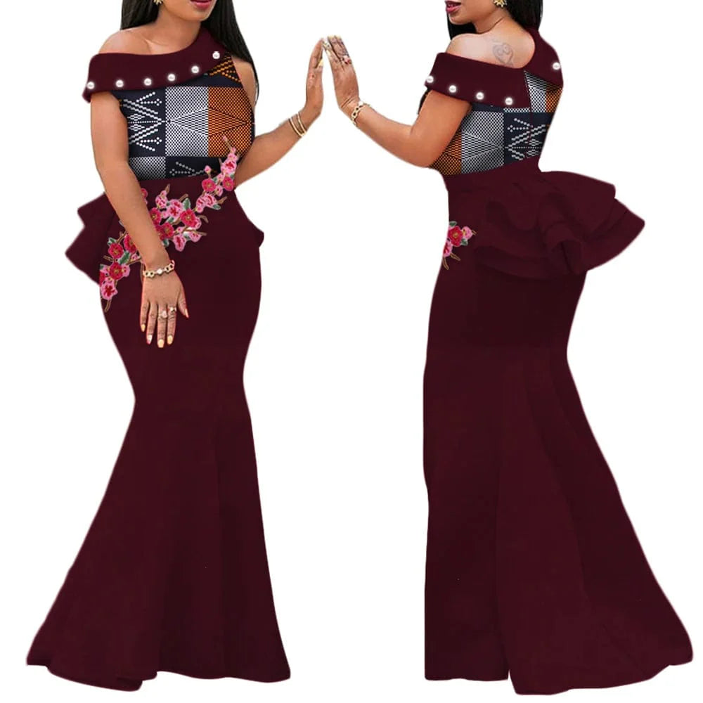 African print long dress by SHOWLU FASHION STORE featuring colorful cotton applique, draped design, perfect for parties.