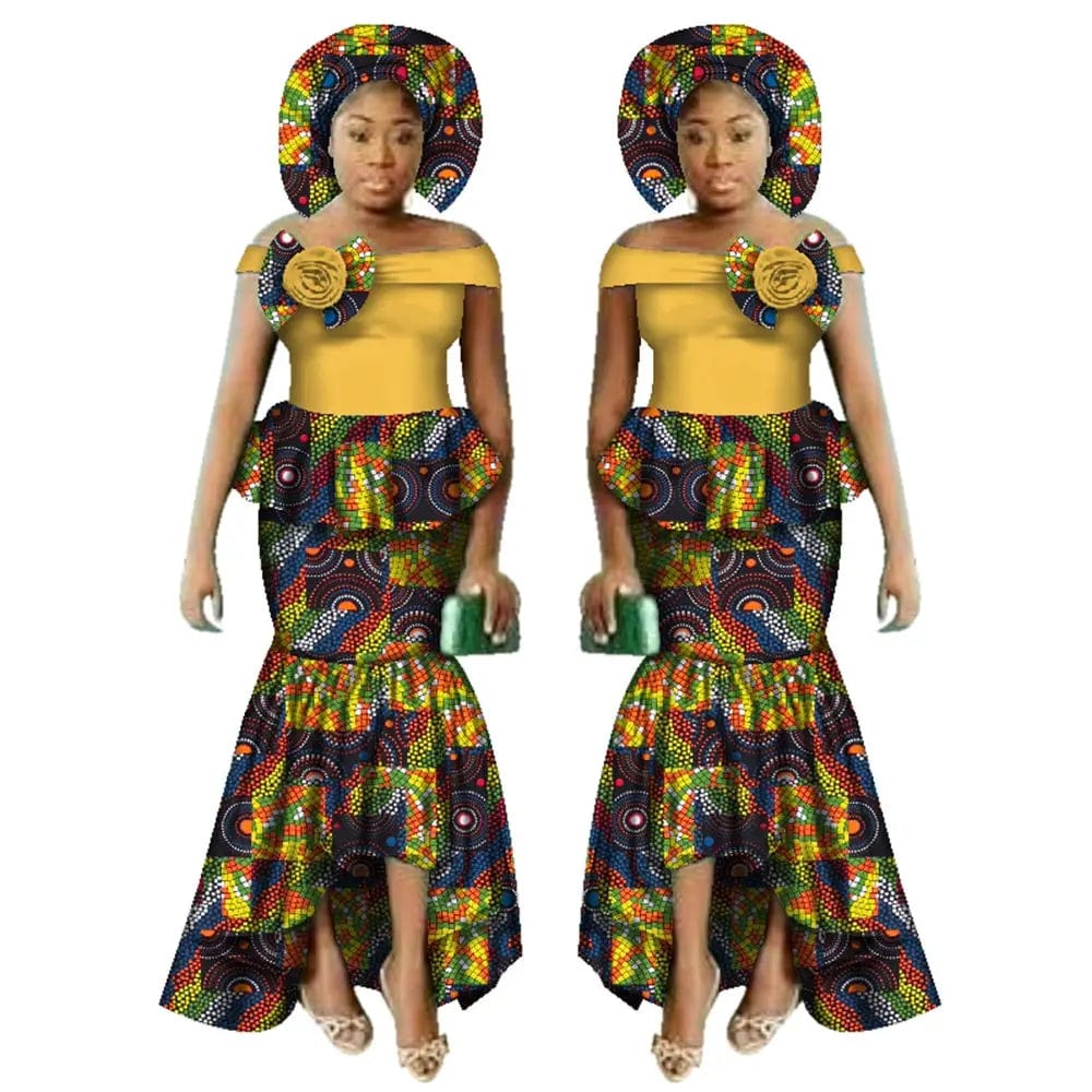 SHOWLU FASHION STORE 24FS1538 / L African Women Dashiki Print Clothing Sets Two Pieces Short Sleeve Tops Skirts Set  Plus Mermaid Maxi Dress Women Party Clothes