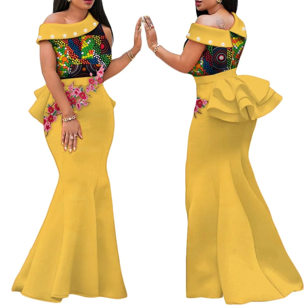 African print long dress by SHOWLU FASHION STORE, featuring colorful cotton applique and draped design for elegant parties.