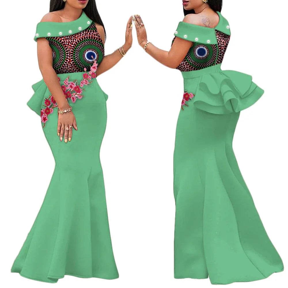 African print long dress by SHOWLU FASHION STORE, cotton applique design, draped style, perfect for parties and traditional occasions.