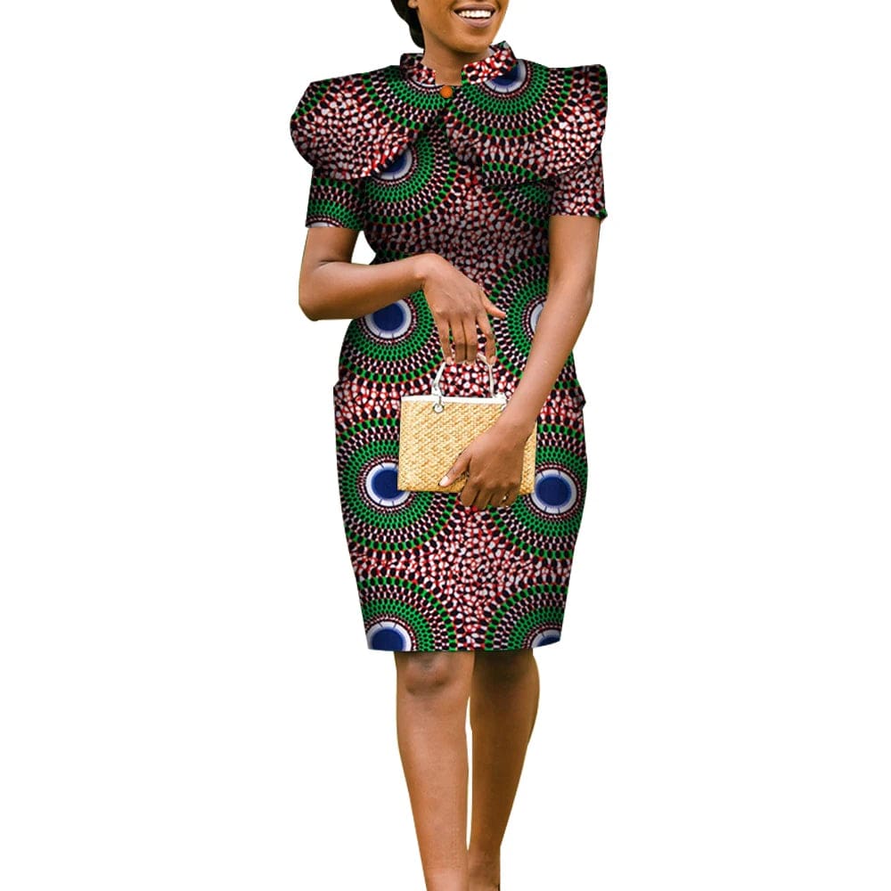 Orientar women's African Dashiki bronzing dress with matching shawl, Ankara pencil dress in gold dust color with cape detail.