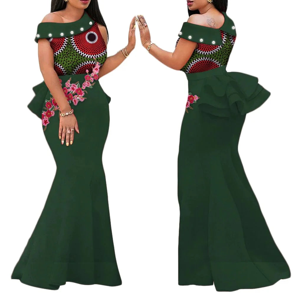 African print BintaRealWax long dress by SHOWLU FASHION STORE, featuring cotton applique, draped design, and traditional party wear style.