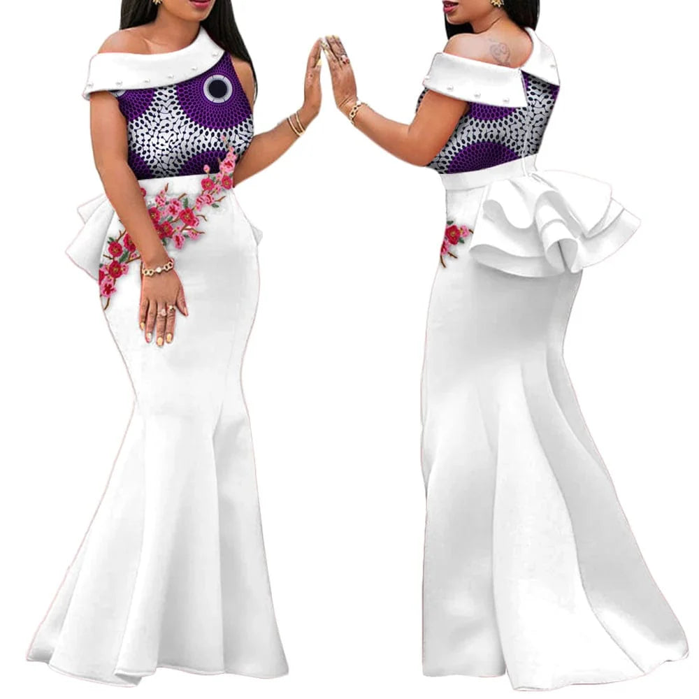 African print long dress by SHOWLU FASHION STORE with cotton applique, draped design, perfect for parties and traditional occasions.