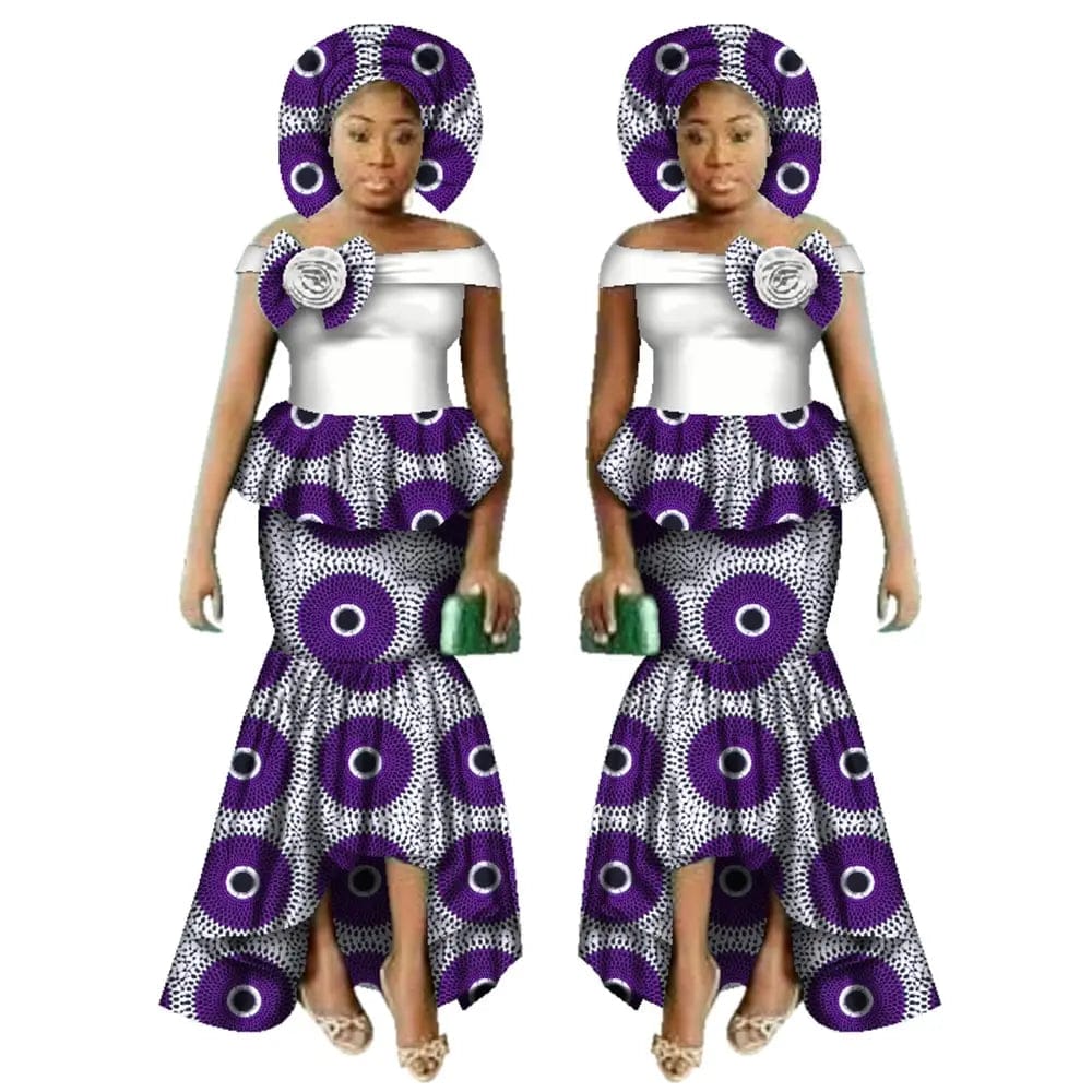 SHOWLU FASHION STORE 24FS1542 / L African Women Dashiki Print Clothing Sets Two Pieces Short Sleeve Tops Skirts Set  Plus Mermaid Maxi Dress Women Party Clothes