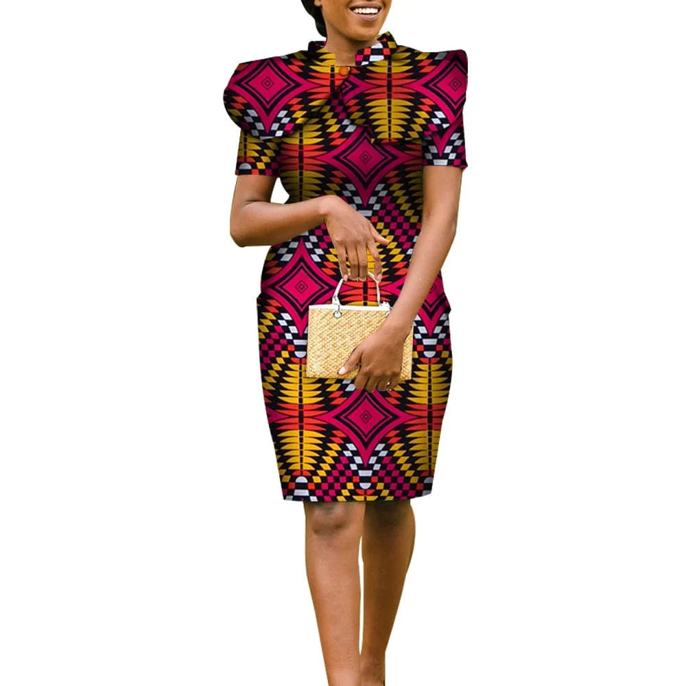 Orientar women's African Dashiki bronze dress with matching shawl, Ankara pencil style, gold dust fabric, and cape detail.