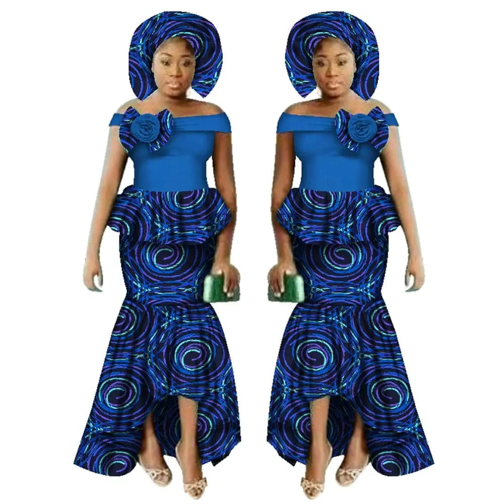 SHOWLU FASHION STORE 24FS1546 / L African Women Dashiki Print Clothing Sets Two Pieces Short Sleeve Tops Skirts Set  Plus Mermaid Maxi Dress Women Party Clothes