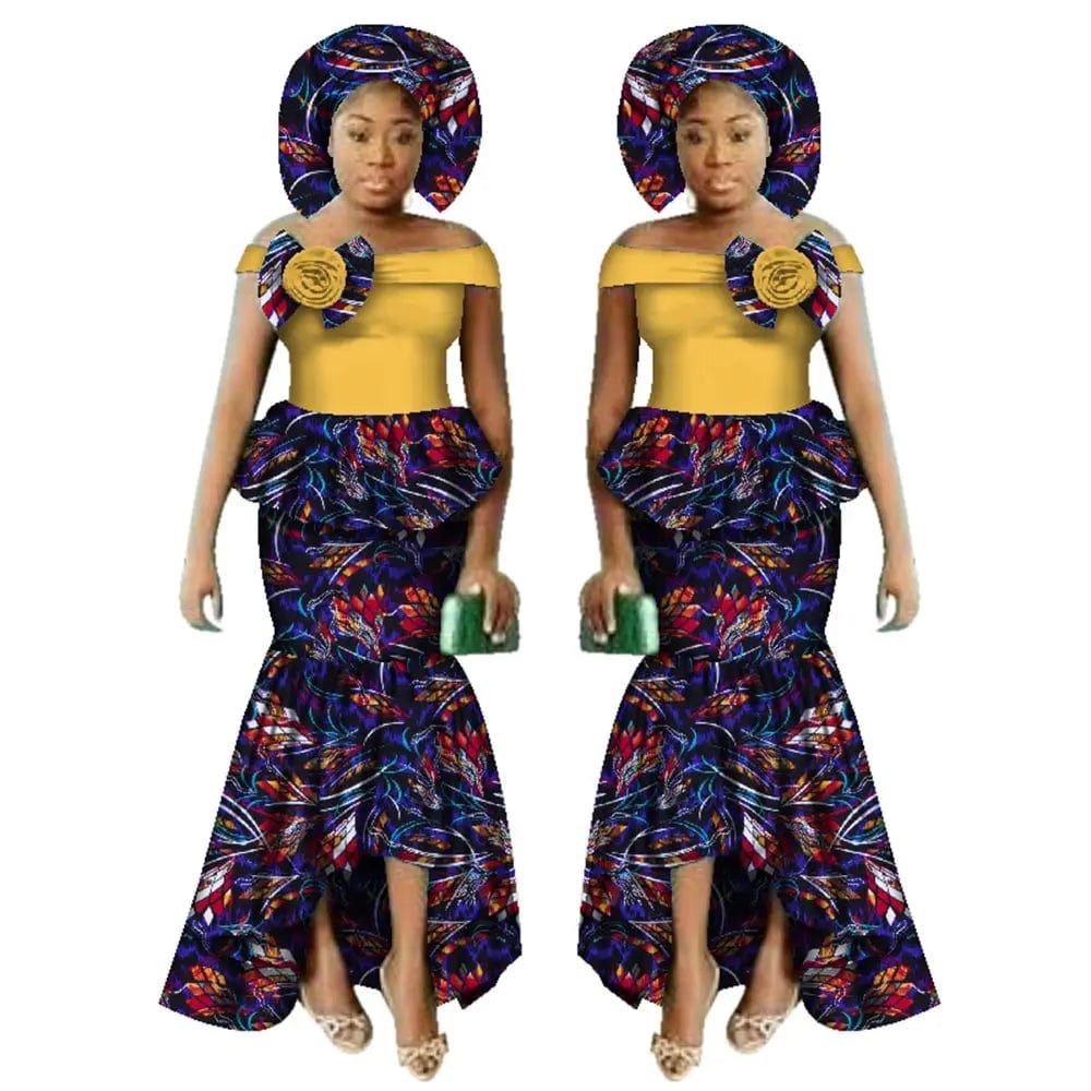 SHOWLU FASHION STORE 24fs1547 / L African Women Dashiki Print Clothing Sets Two Pieces Short Sleeve Tops Skirts Set  Plus Mermaid Maxi Dress Women Party Clothes