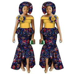 SHOWLU FASHION STORE 24fs1547 / L African Women Dashiki Print Clothing Sets Two Pieces Short Sleeve Tops Skirts Set  Plus Mermaid Maxi Dress Women Party Clothes