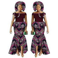 SHOWLU FASHION STORE 24fs1548 / 4XL African Women Dashiki Print Clothing Sets Two Pieces Short Sleeve Tops Skirts Set  Plus Mermaid Maxi Dress Women Party Clothes