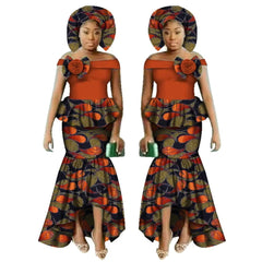 SHOWLU FASHION STORE 24fs1551 / 6XL African Women Dashiki Print Clothing Sets Two Pieces Short Sleeve Tops Skirts Set  Plus Mermaid Maxi Dress Women Party Clothes