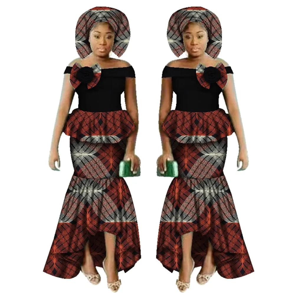 SHOWLU FASHION STORE 24fs1552 / M African Women Dashiki Print Clothing Sets Two Pieces Short Sleeve Tops Skirts Set  Plus Mermaid Maxi Dress Women Party Clothes