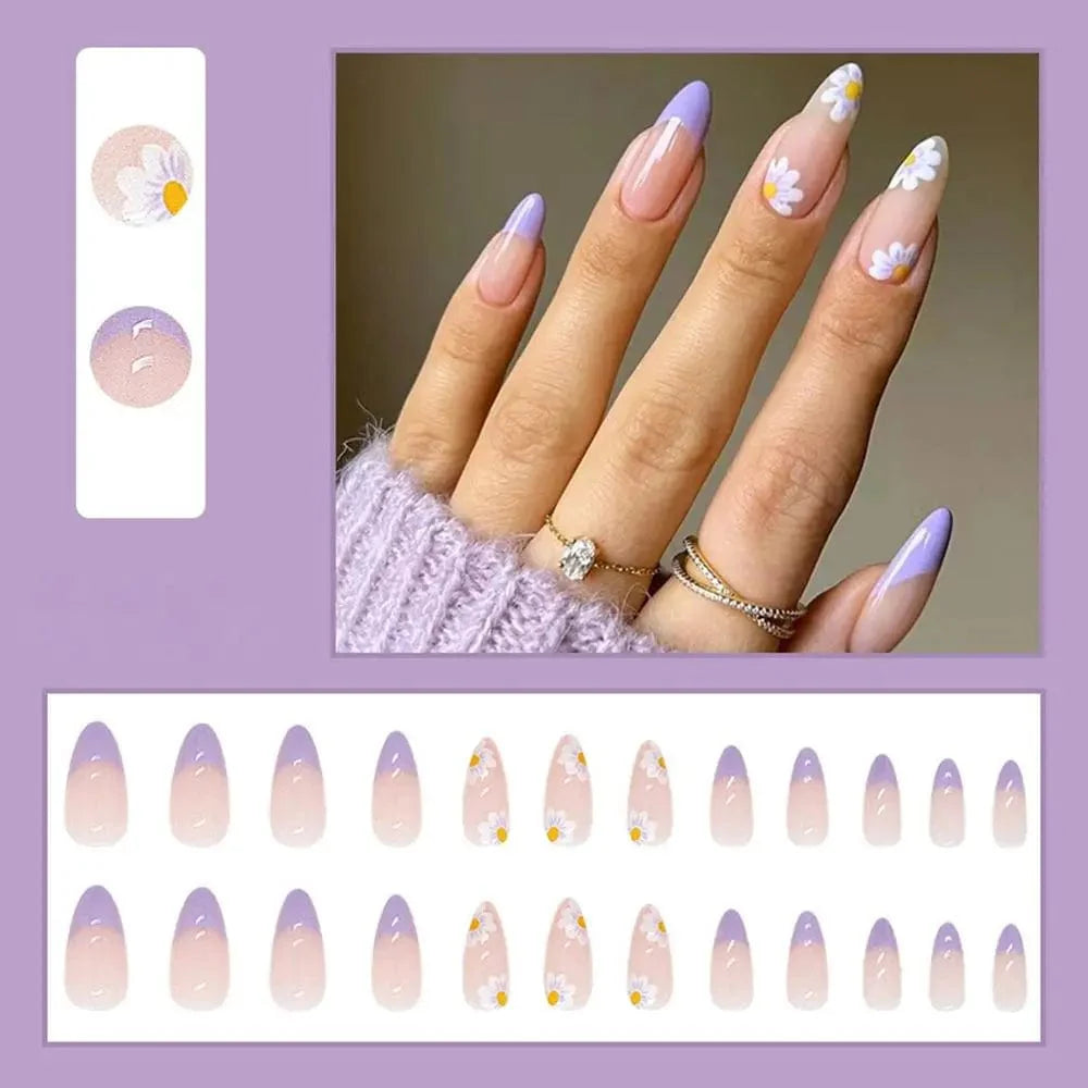 Purple floral almond press-on nails by Showlu Fashion Store, 24-piece set with detachable acrylic tips for easy manicure.