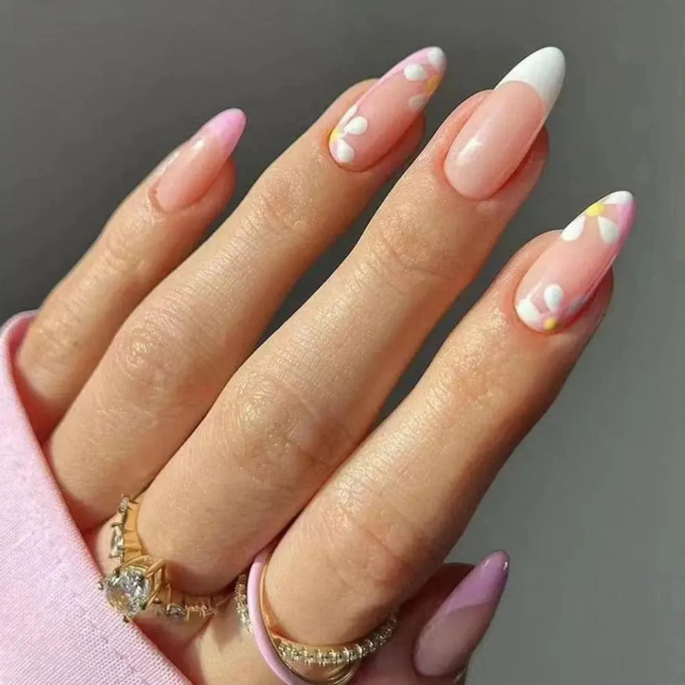 Showlu Purple Floral Almond Press-On Nails, 24 pcs, featuring floral design and detachable acrylic tips for easy manicure application.