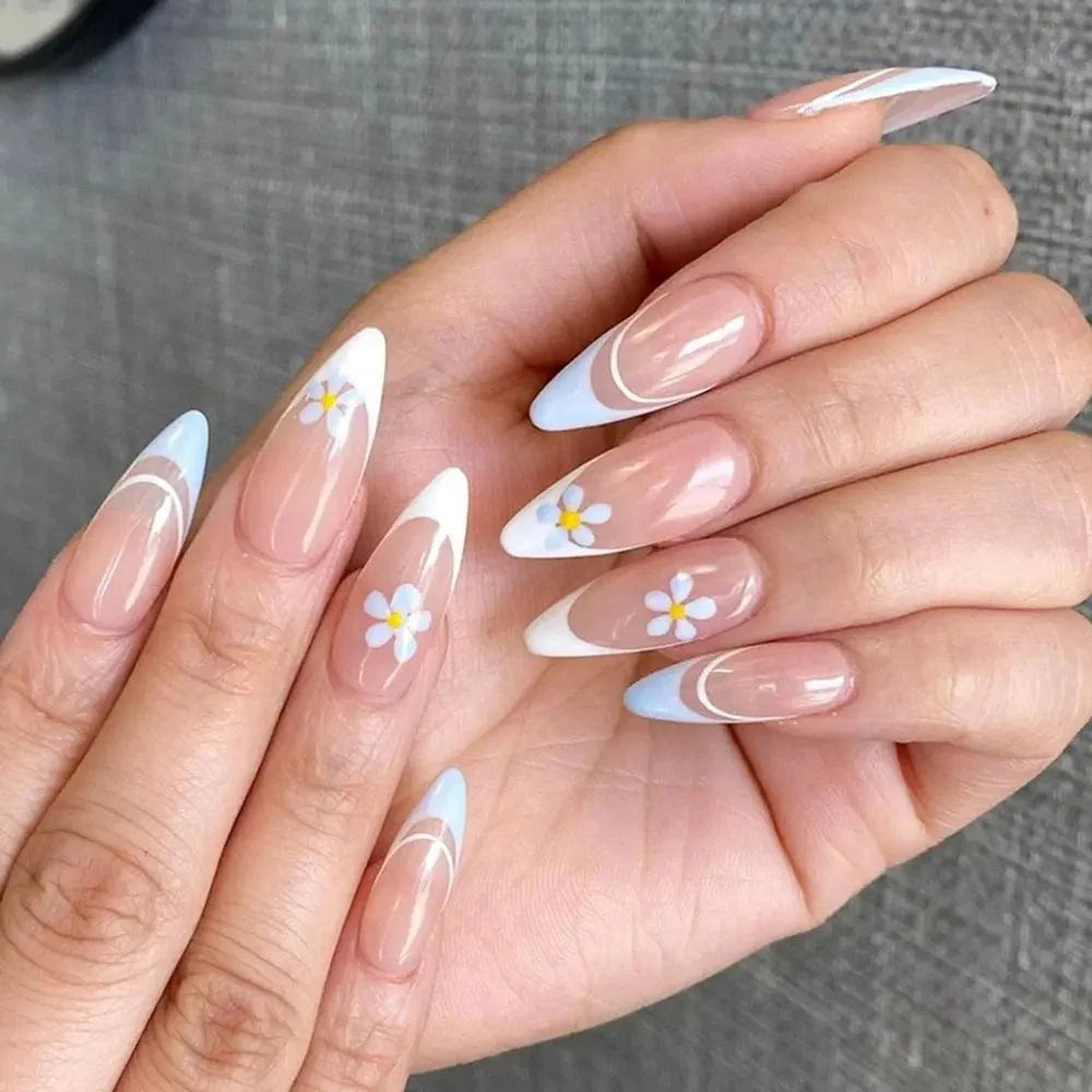 Showlu Purple Floral Almond Press-On Nails set with 24 detachable acrylic tips featuring floral design and almond shape.
