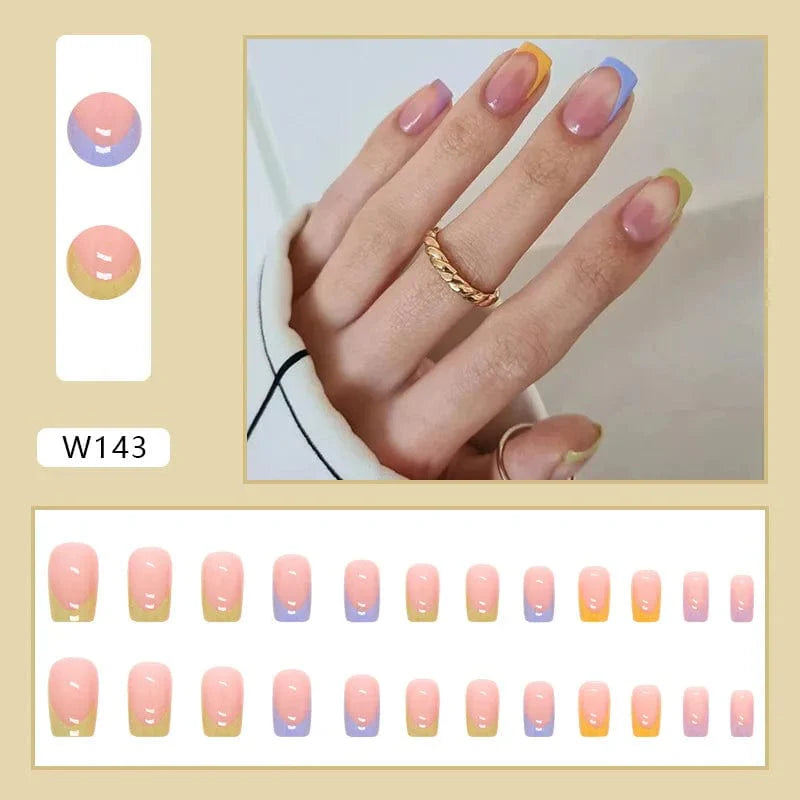 Showlu Purple Floral Almond Press-On Nails, 24-piece set of detachable acrylic tips with floral design for a stylish manicure.
