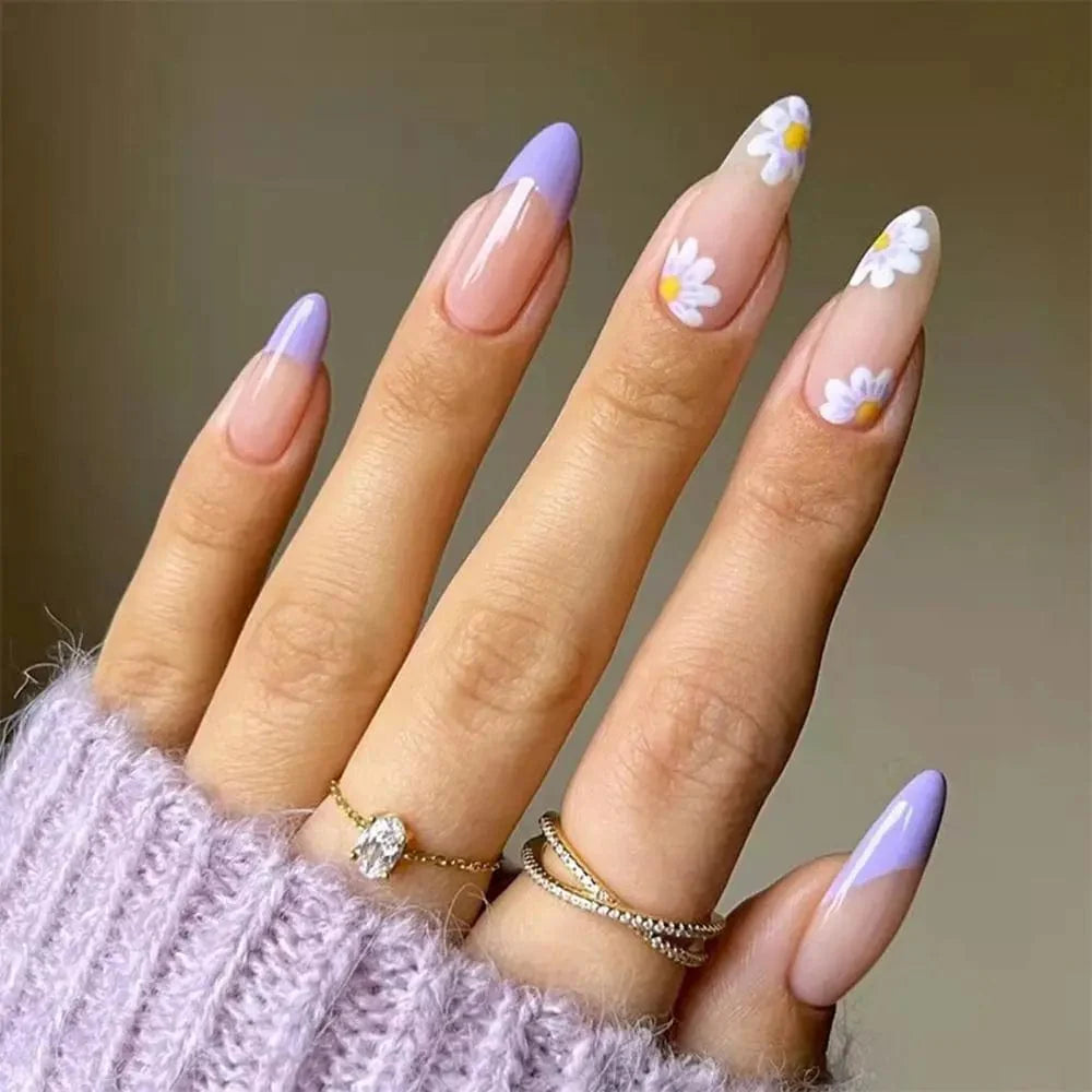 Purple floral almond press-on nails by Showlu Fashion Store, includes 24 detachable acrylic tips with floral design for manicures.