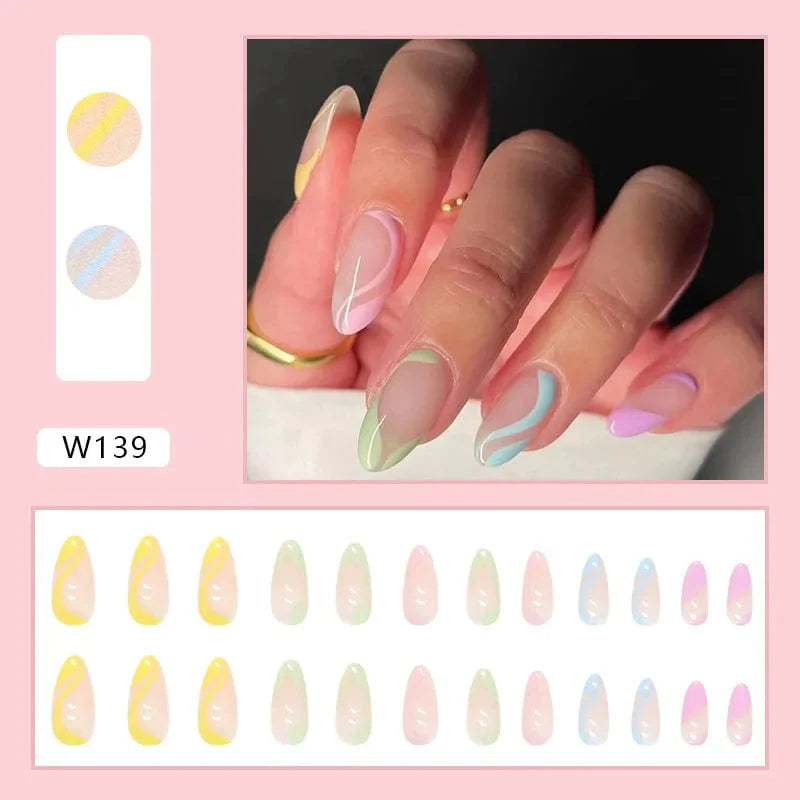 Showlu Purple Floral Almond Press-On Nails with 24-piece set, featuring elegant floral design and detachable acrylic tips for manicures.