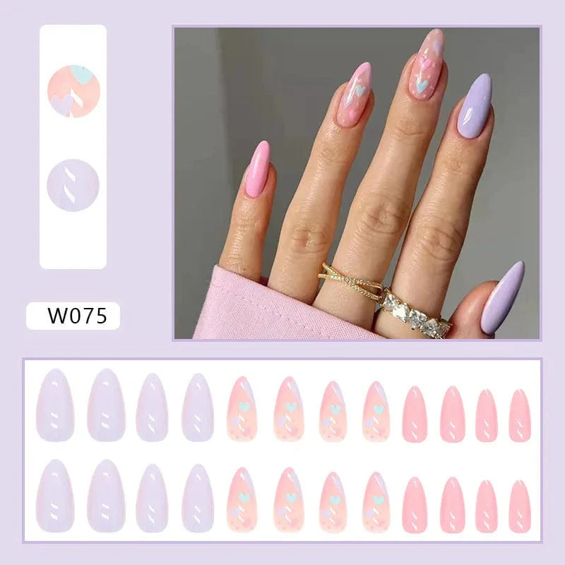 Showlu Purple Floral Almond Press-On Nails, 24-piece set of detachable acrylic tips with floral design for a stylish manicure.