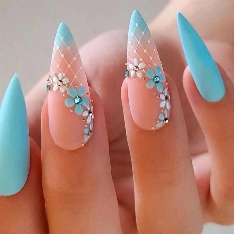 Light green stripe press on nails by Showlu Fashion Store, 24-piece long coffin acrylic tips with gradient design and full cover style.