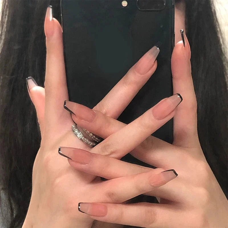 Showlu 24pcs mid-length coffin press-on acrylic false nail tips with full cover design for easy, stylish manicures.