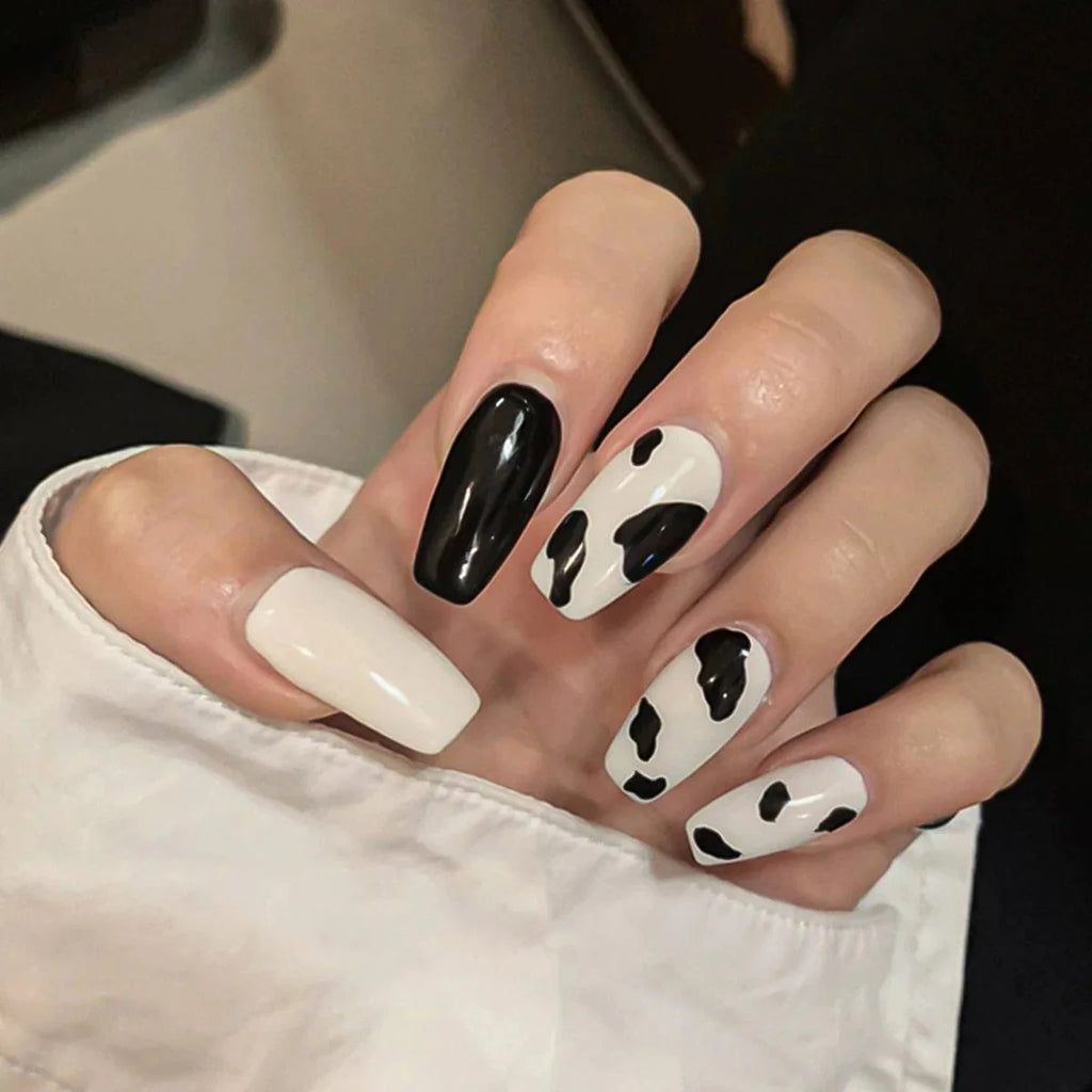 Showlu 24pcs mid-length coffin press-on acrylic nails with full cover design for easy, stylish artificial manicure application.