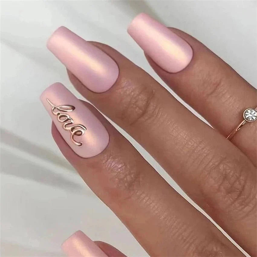 Showlu Pink Matte French Press on Nails with Leopard Design, 24-piece coffin acrylic false nails for stylish nail art.