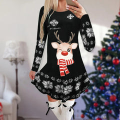 Showlu Fashion Store 25 / M Christmas Dresses for Women Elk Print Long Sleeve Mini Dress Autumn Winter Fashion Ladies Holiday Mini Dresses New Year 2024