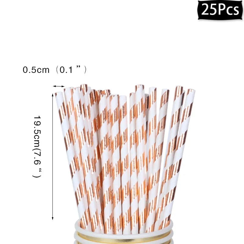  Showlu Fashion Store 25pcs straws Rose Gold birthday Tableware Paper Towel Cup Plate tablecloth Disposable set Adult Birthday Party Decorations Wedding Tableware