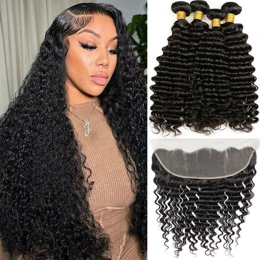 SHOWLU FASHION STORE 26 28 30 frontal20 / 13" x 4" Curly Human Hair Bundles With Frontal Brazilian Deep Wave Bundles With Frontal Human Hair Weave Extensions 3 Bundles Remy Hair