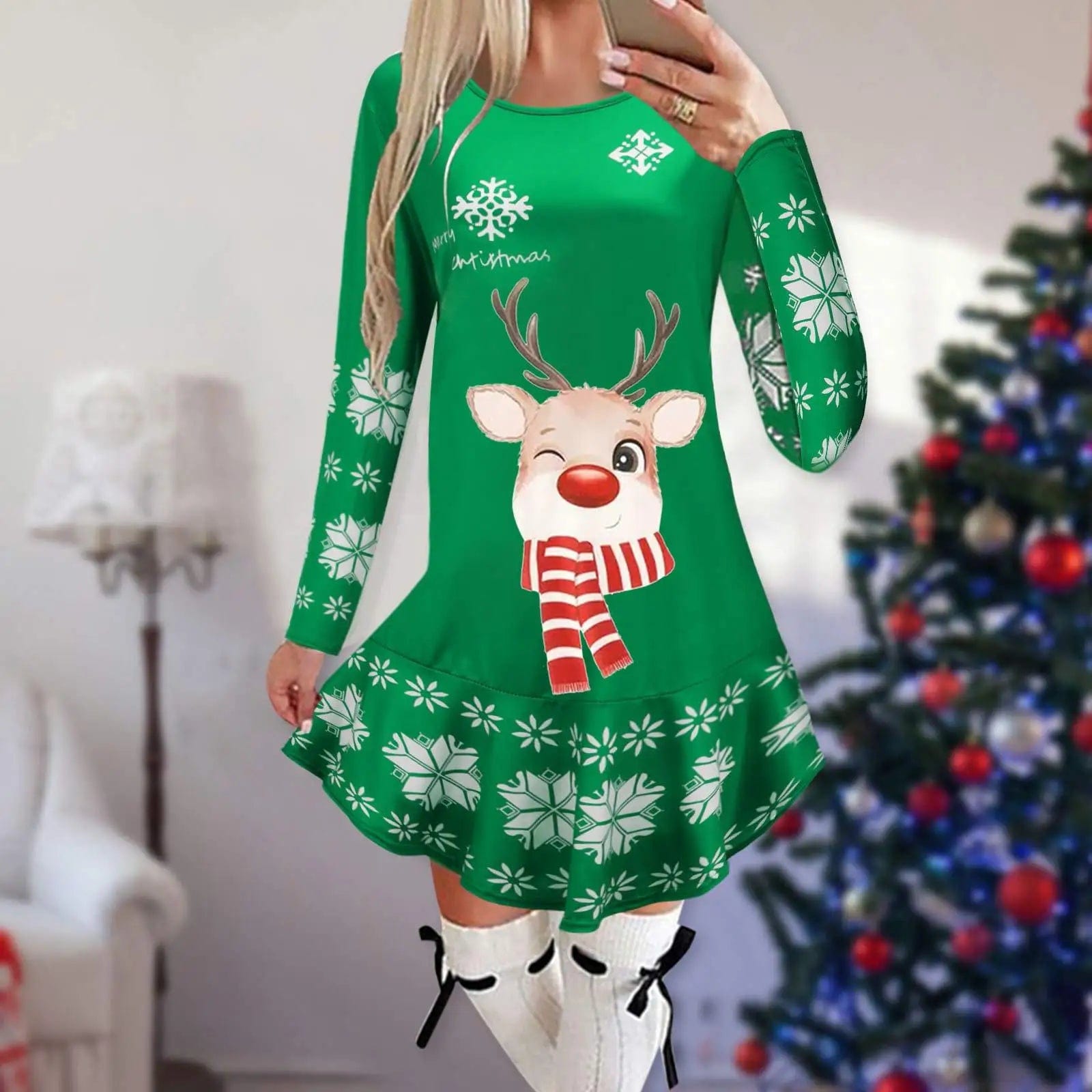 Showlu Fashion Store 26 / XL Christmas Dresses for Women Elk Print Long Sleeve Mini Dress Autumn Winter Fashion Ladies Holiday Mini Dresses New Year 2024