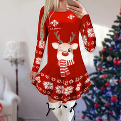 Showlu Fashion Store 27 / M Christmas Dresses for Women Elk Print Long Sleeve Mini Dress Autumn Winter Fashion Ladies Holiday Mini Dresses New Year 2024