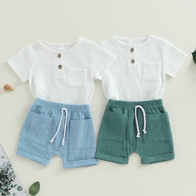 Showlu Fashion Store 2Pcs Baby Boy Summer Outfits Set Short Sleeve Button Down Pocket Tops Shorts Set Toddler Clothes Cotton Soft Baby's Sets